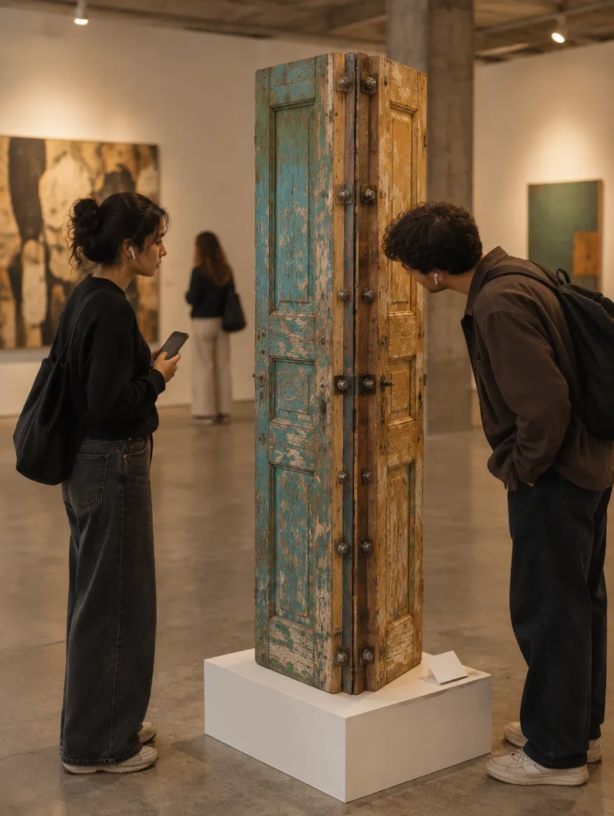 Dos visitantes con audífonos frente a una escultura hecha de tres puertas antiguas atornilladas, en una galería independiente