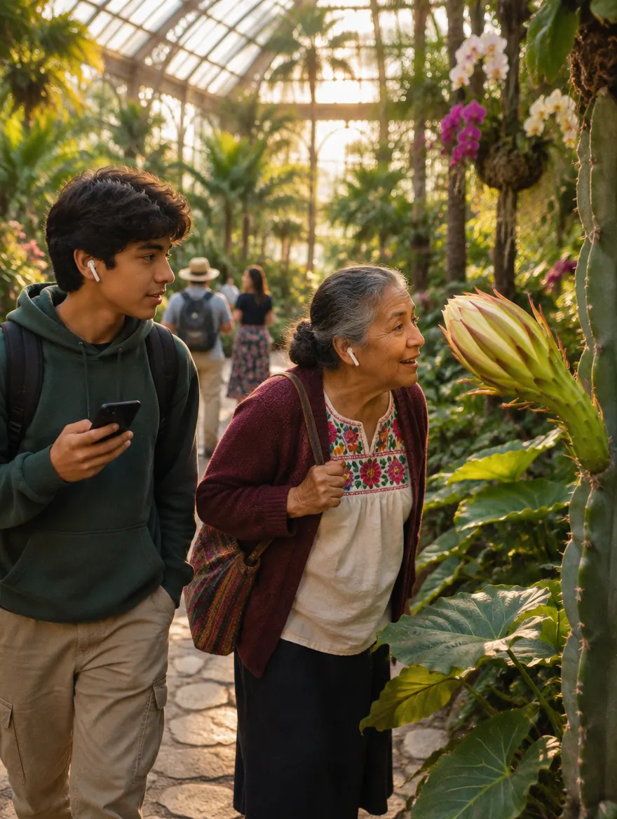 Una abuela y su nieto con audífonos recorren el invernadero de un jardín botánico; ella se inclina hacia un gran botón de cactus