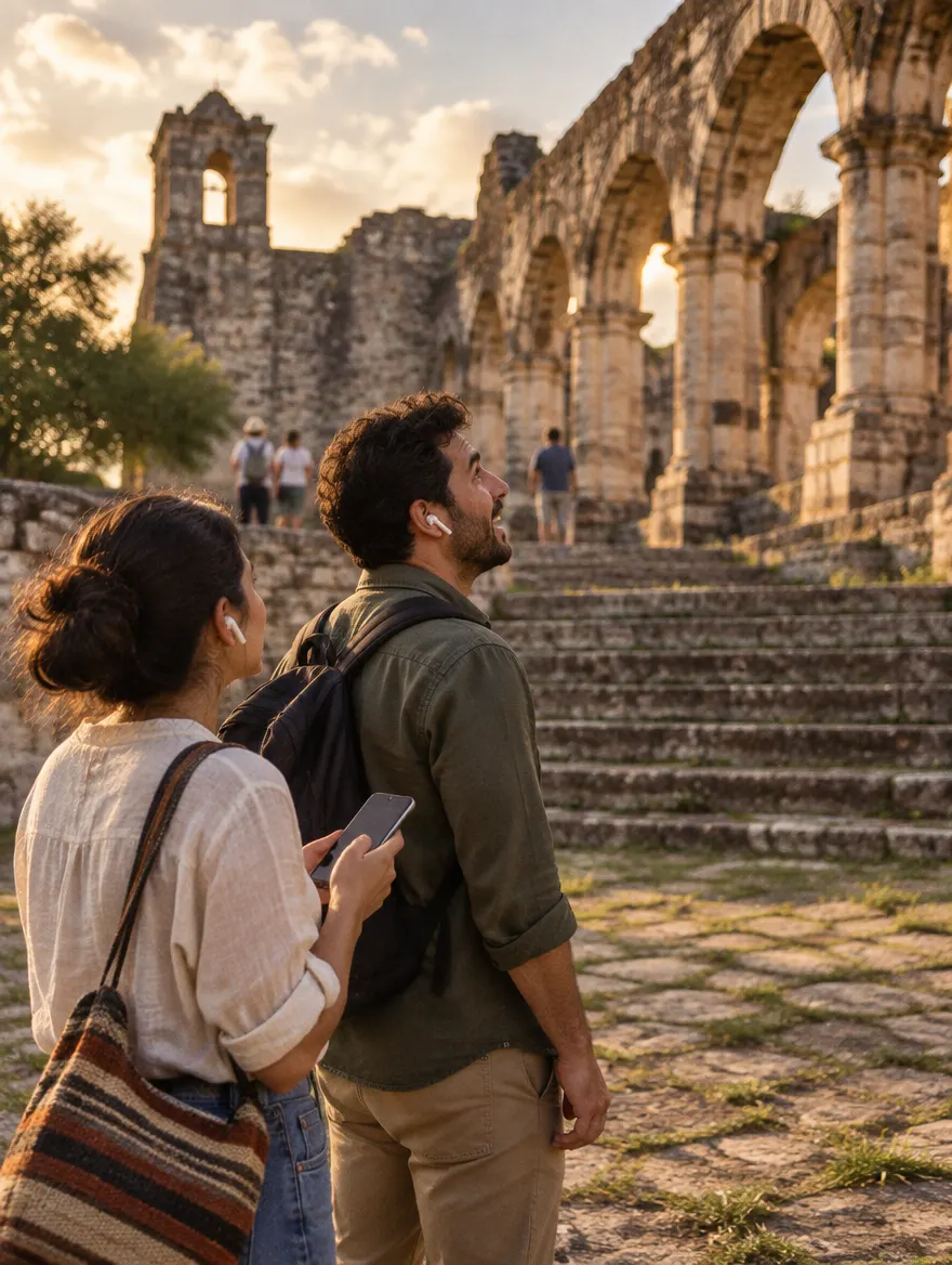 Una pareja con audífonos recorre las arcadas de piedra de un sitio histórico al atardecer; él mira los arcos, sorprendido